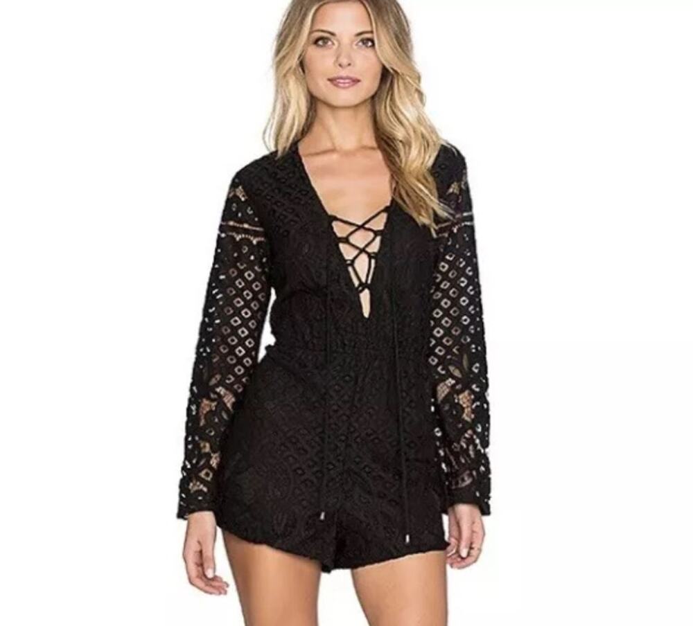 Tularosa x REVOLVE Lace-Up Romper Black Lace Long Sleeve Size Large NWT
